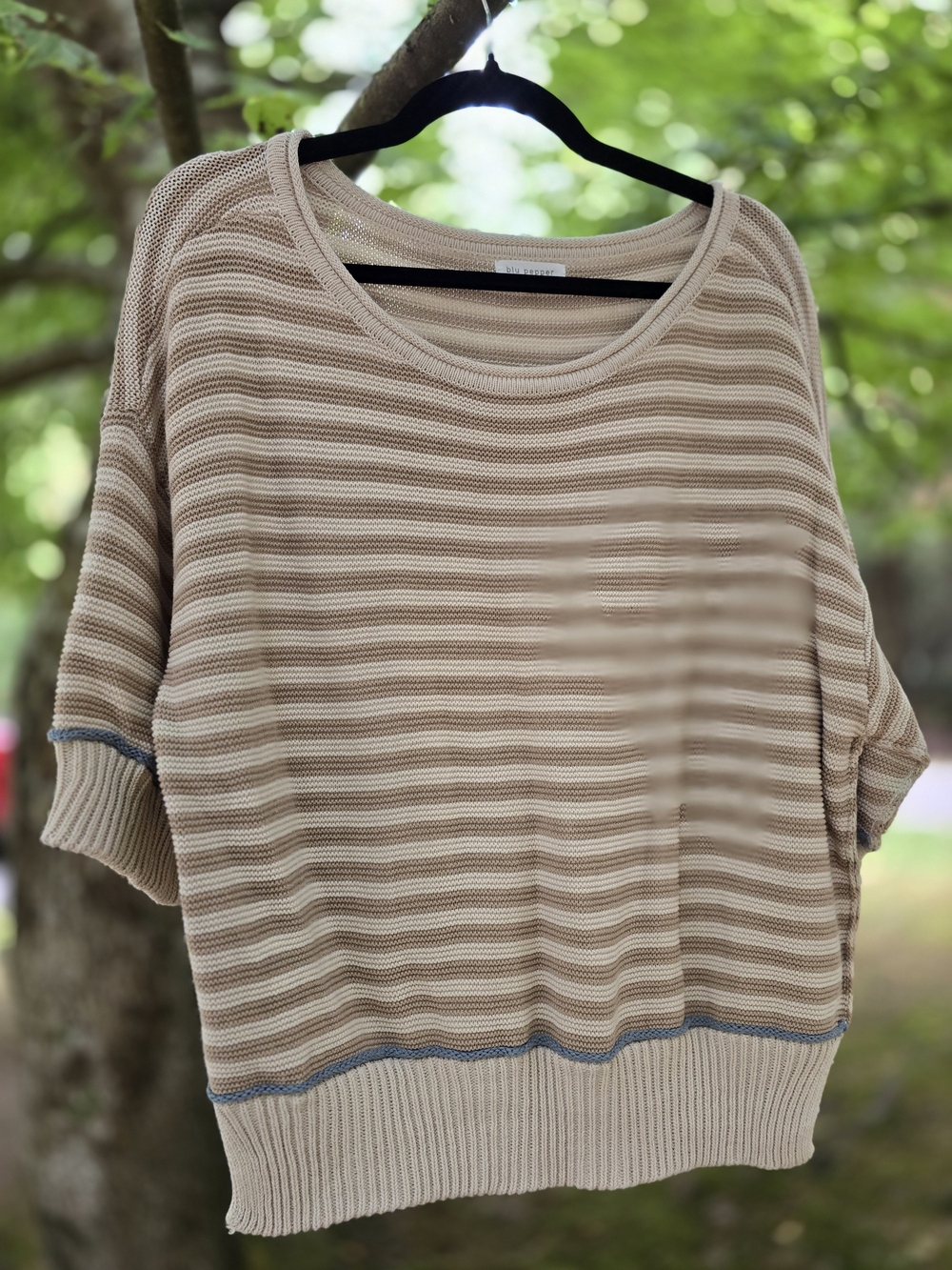 Blu Pepper Beige Striped Scoop Neck Knit Sweater with Blue Trim